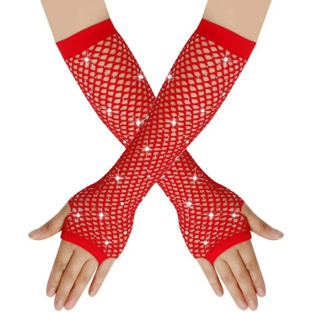 Women's Rhinestones Red Fingerless Fishnet Mesh Long Gloves Party Cosplay